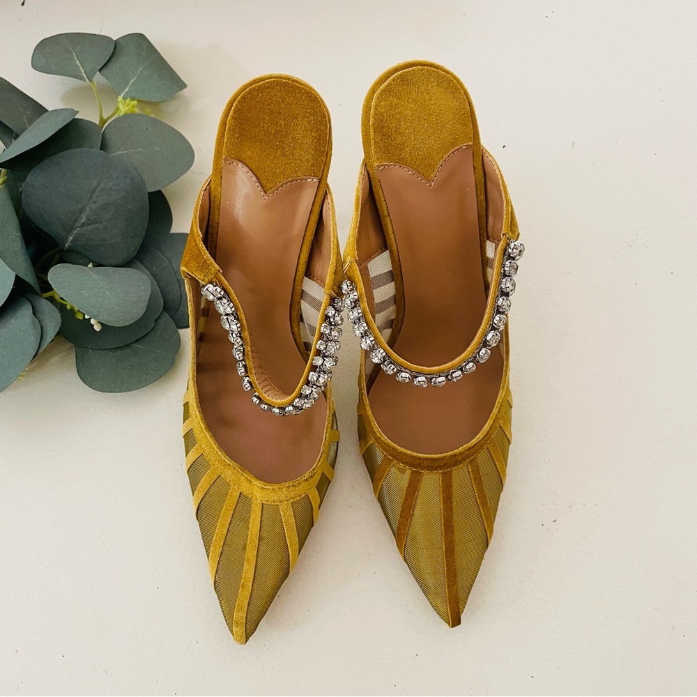 Faux Velvet Mustard Rhinestone Crystal Arch Heels Mules - Picture 2 of 10